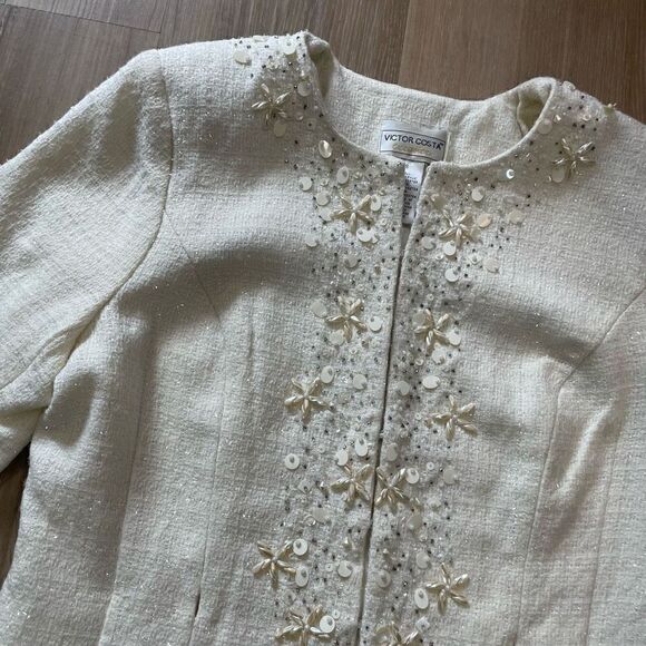 VTG Victor Costa Occasion White Cream Embellished Embroidered Jacket Blazer S - Picture 2 of 8
